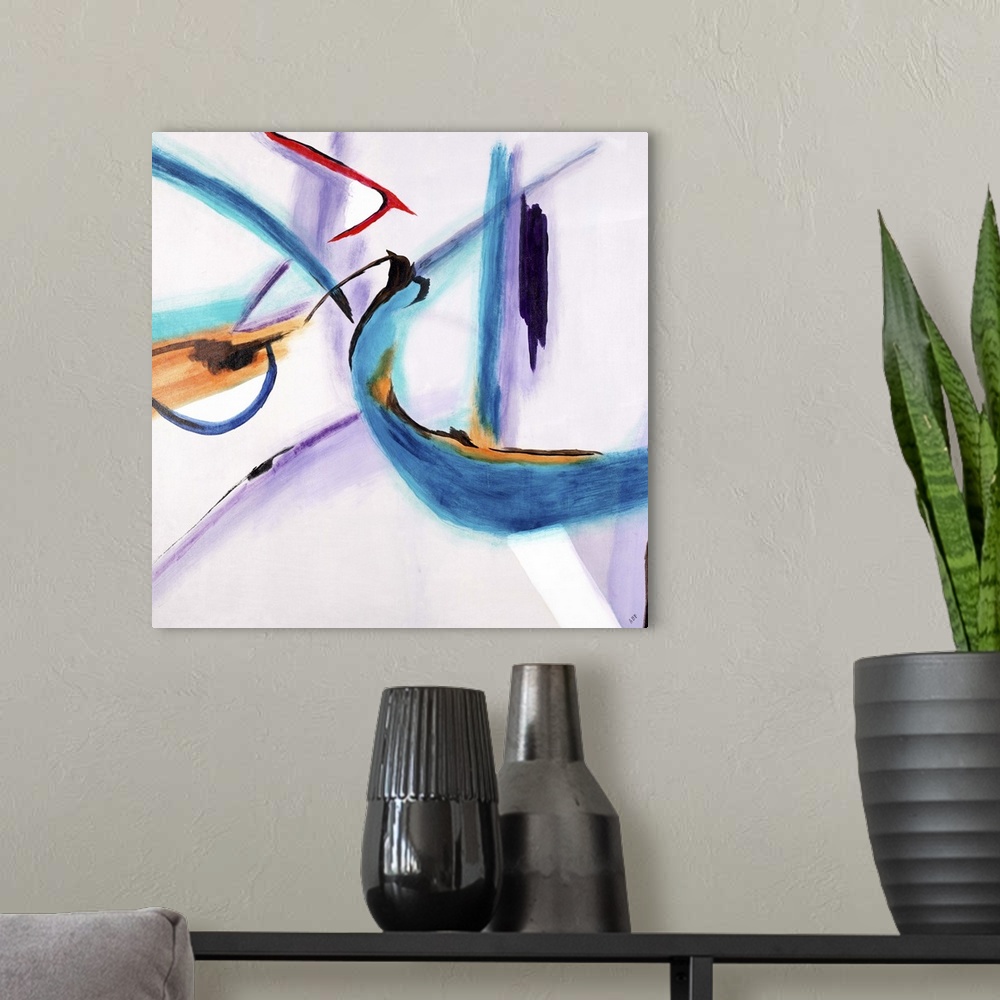 A modern room featuring Contemporary painting of multicolored lines intersecting in various directions on a simple, light...