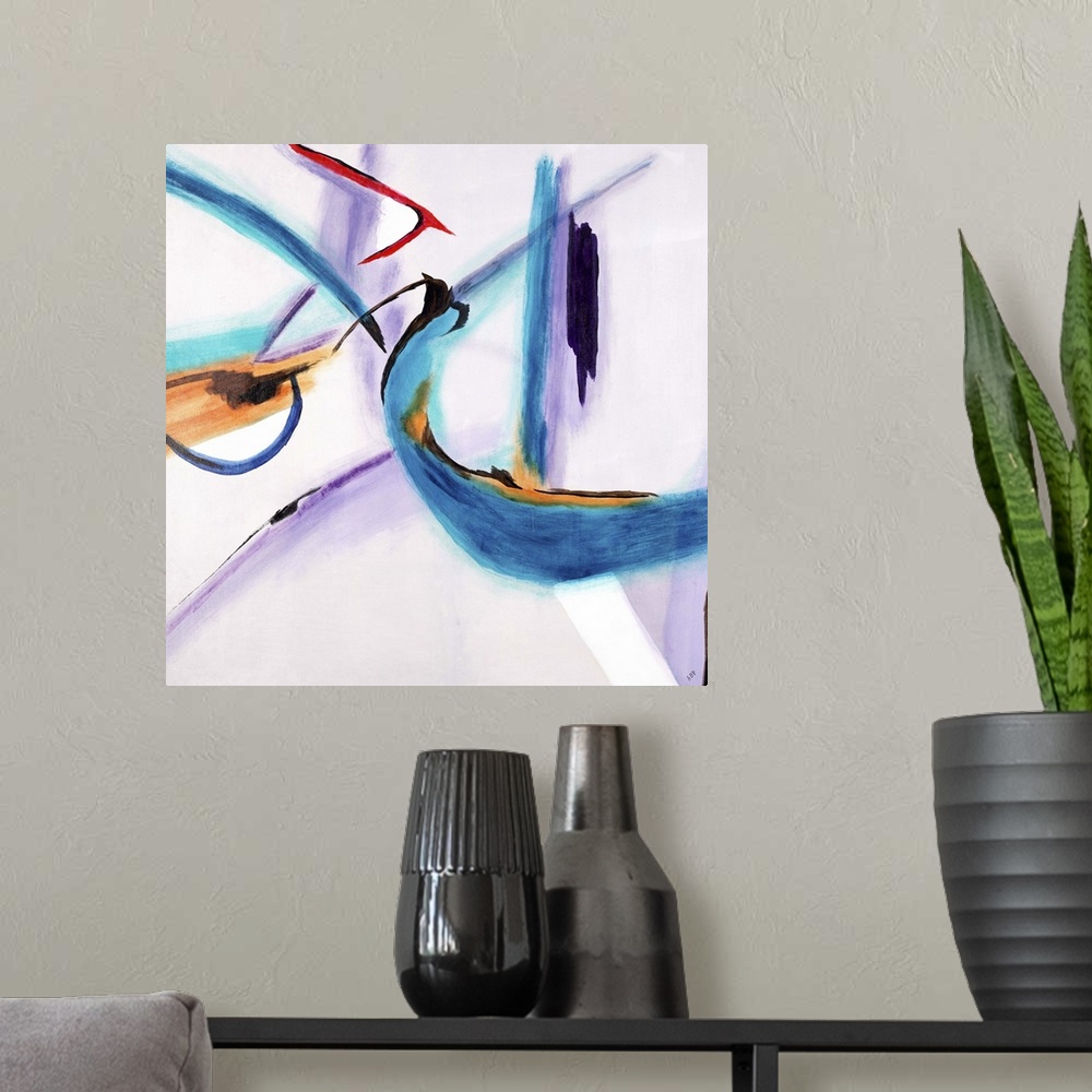 A modern room featuring Contemporary painting of multicolored lines intersecting in various directions on a simple, light...