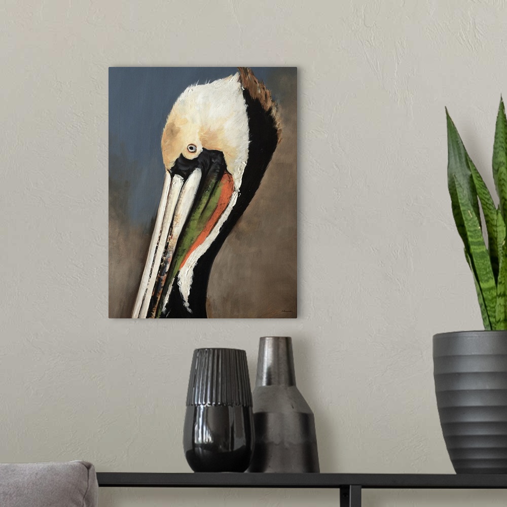 A modern room featuring Contemporary portrait of the head and bill of a Brown Pelican in breeding plumage, a sea-faring b...