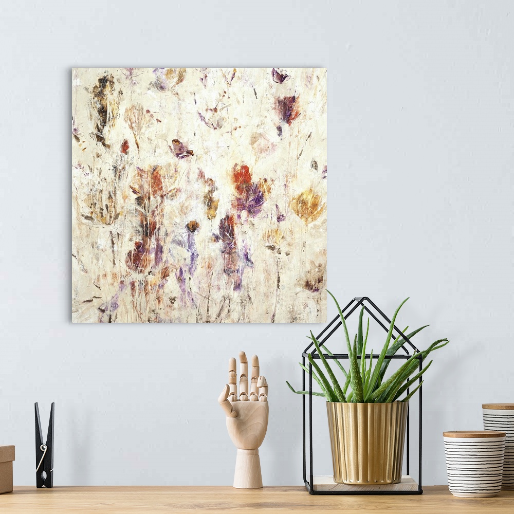 A bohemian room featuring Contemporary painting of colorful wildflowers in bloom.
