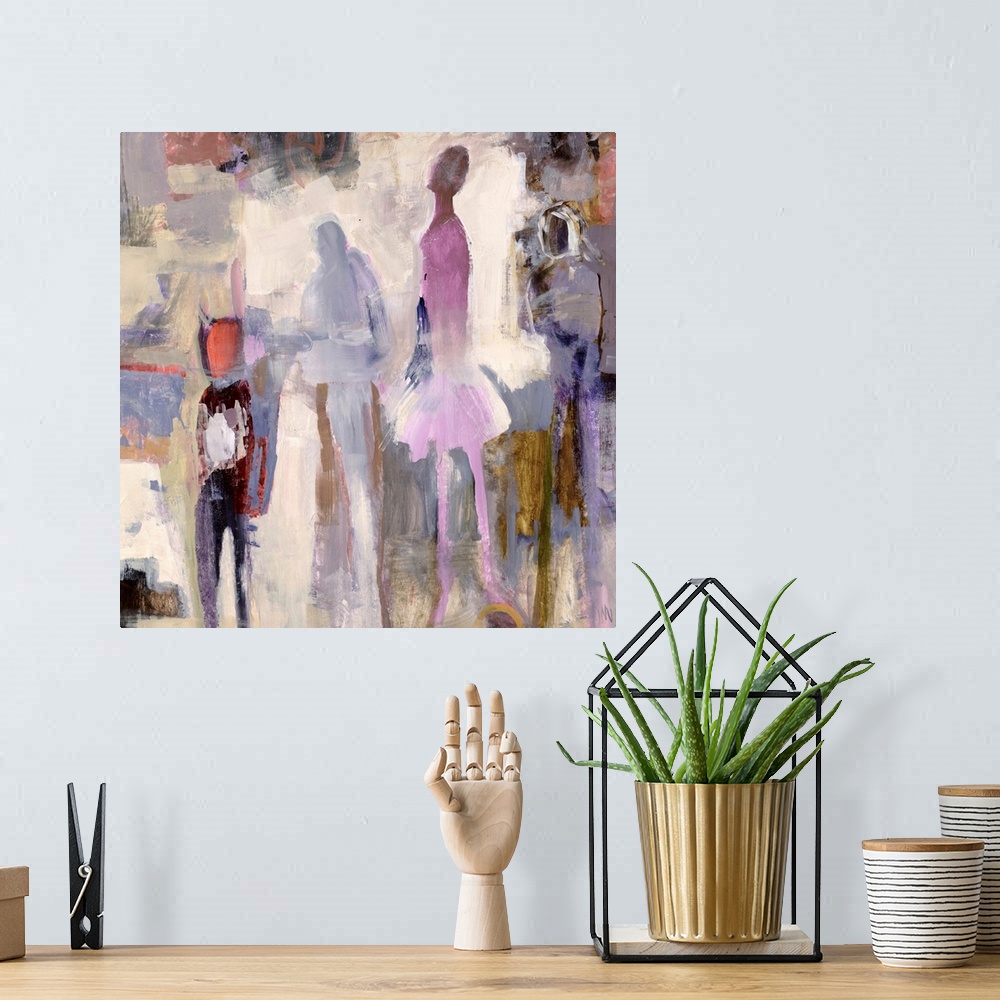 A bohemian room featuring Abstract modern art depicting dancers in colorful neutral streaks of color creating a rough texture.