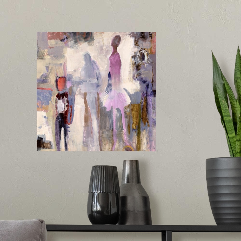 A modern room featuring Abstract modern art depicting dancers in colorful neutral streaks of color creating a rough texture.