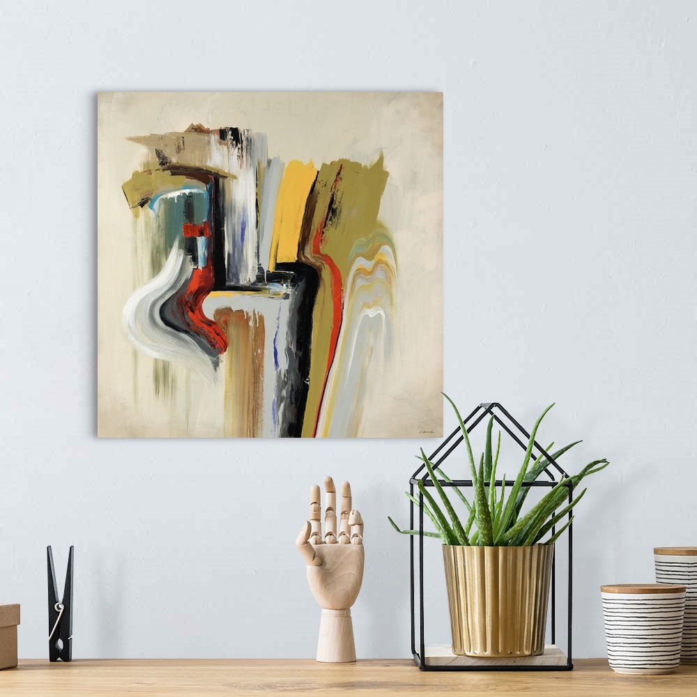 A bohemian room featuring This square abstract painting of broad, erratic brush strokes dripping down the painting.