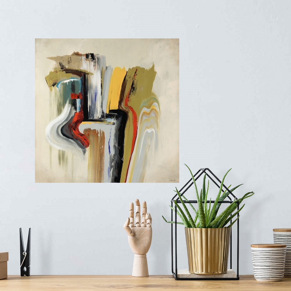 A bohemian room featuring This square abstract painting of broad, erratic brush strokes dripping down the painting.