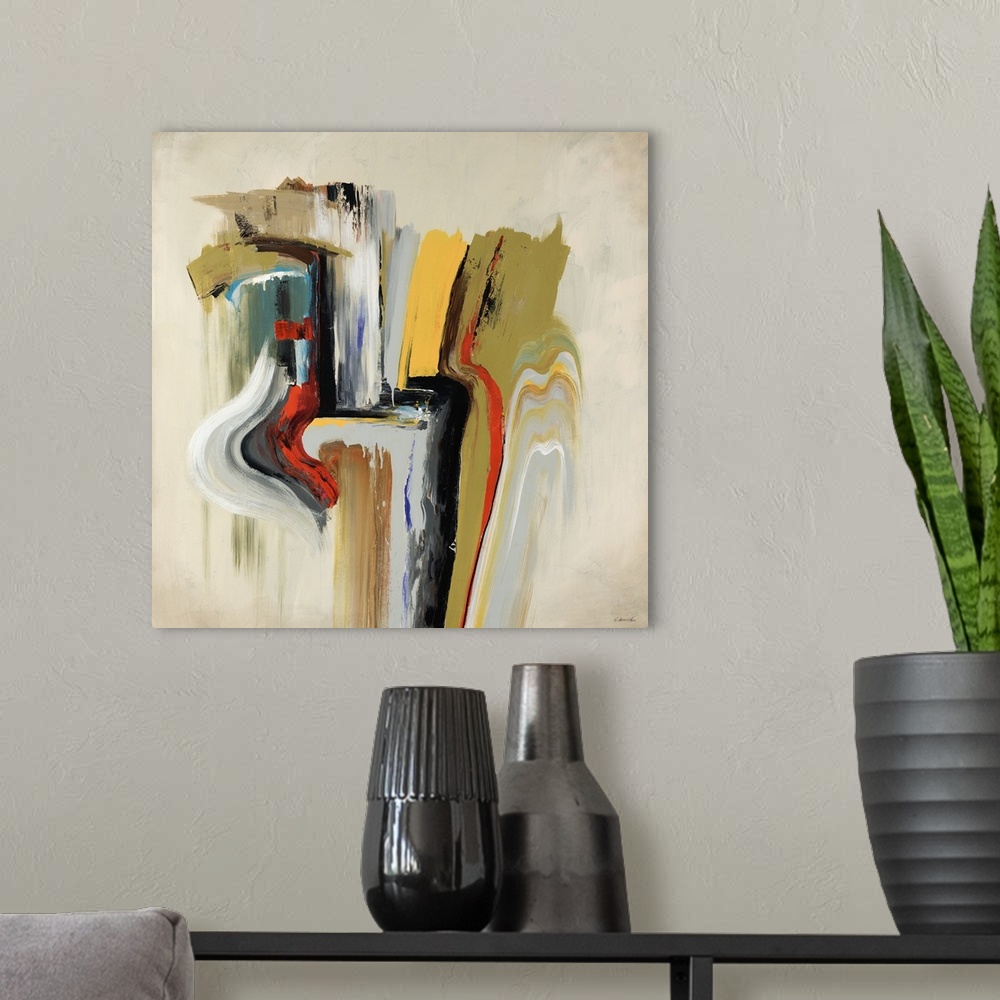 A modern room featuring This square abstract painting of broad, erratic brush strokes dripping down the painting.