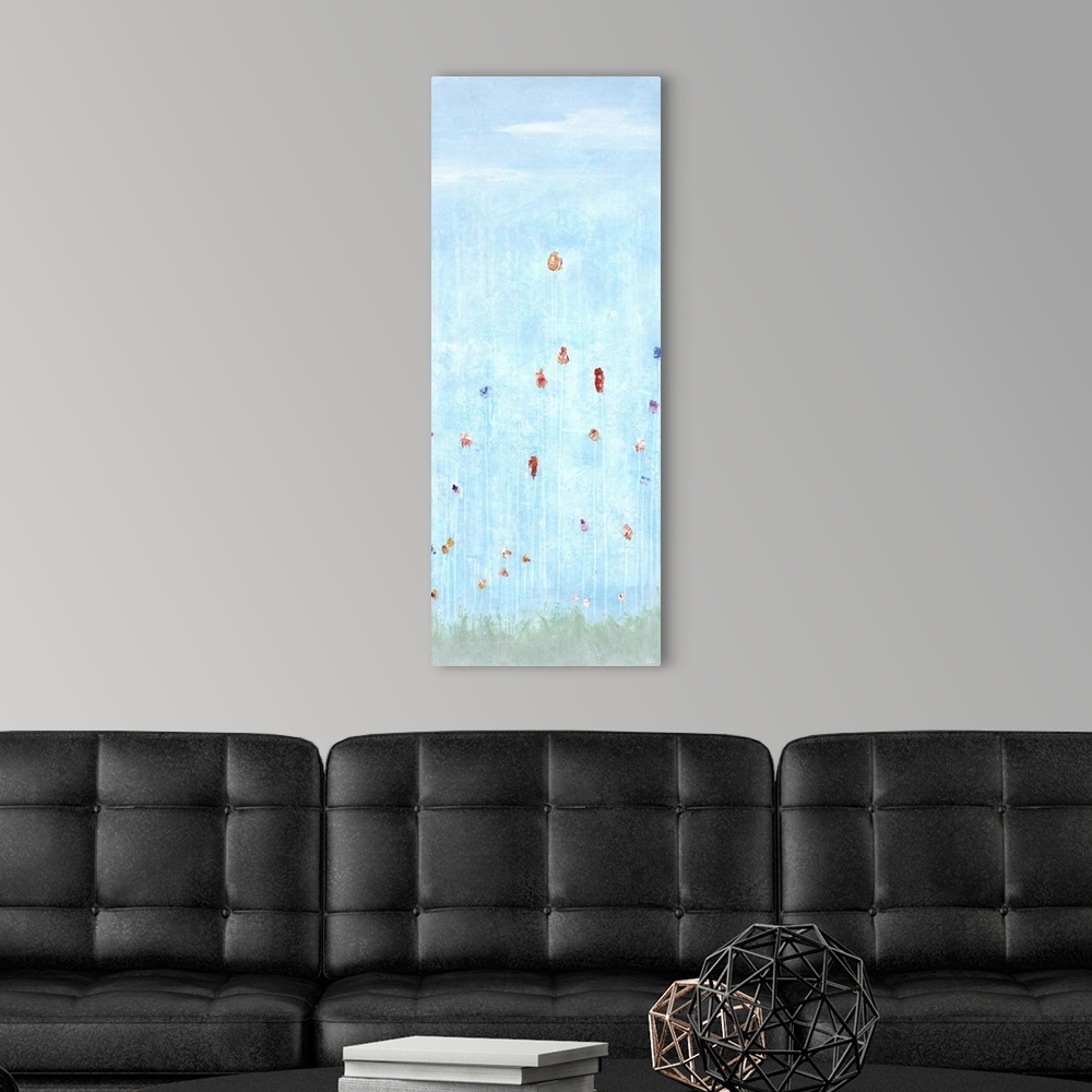 A modern room featuring Large panel painting of tall flowers on faint white stems coming up from faded green grass and li...