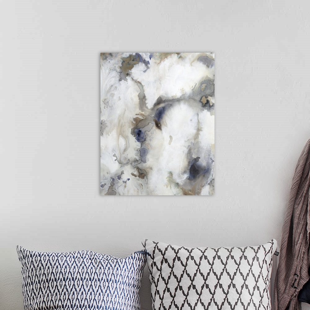 A bohemian room featuring Abstract painting of a textured design in shades of white and light gray with accents of brown th...