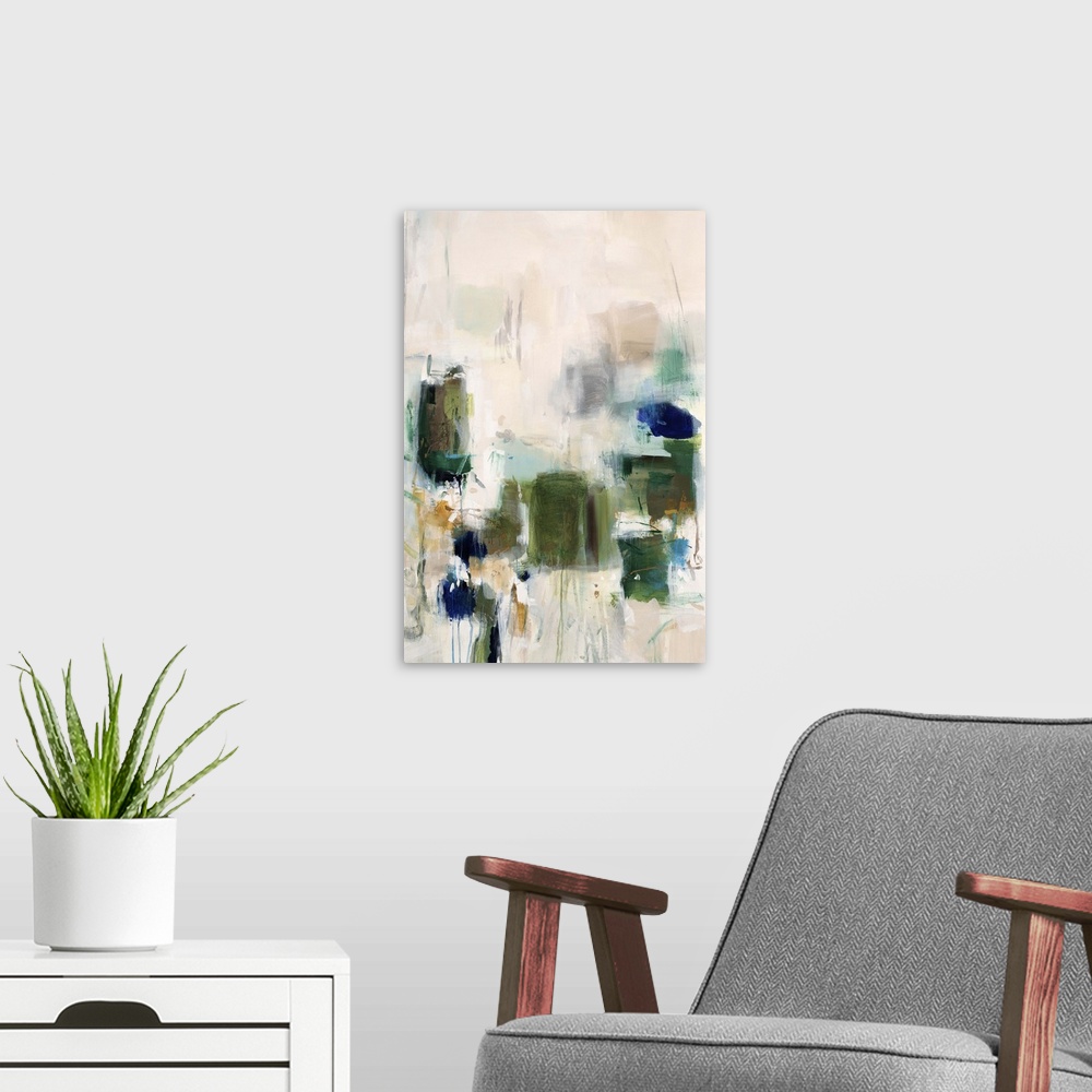 A modern room featuring Vertical abstract artwork with vivid squares of green on white.