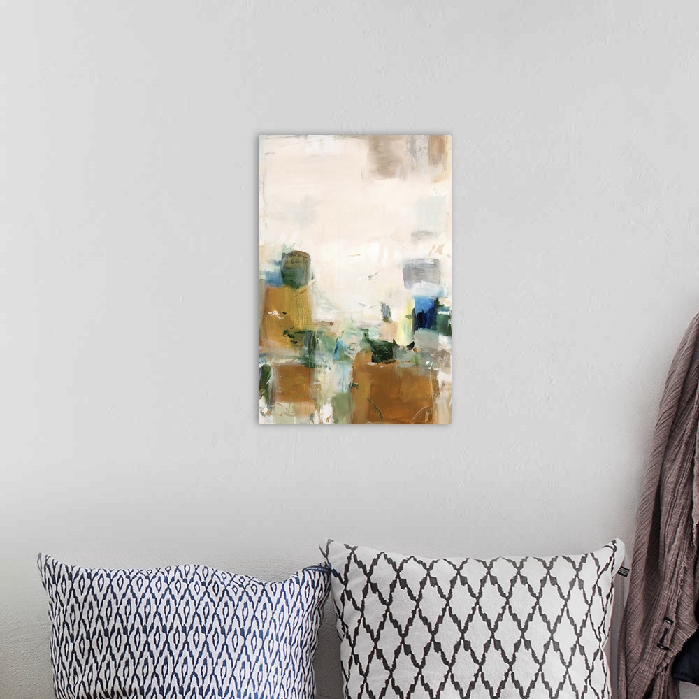 A bohemian room featuring Vertical abstract artwork with vivid squares of yellow on white.