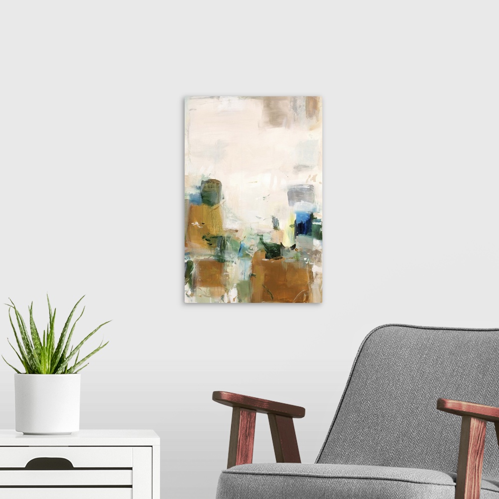 A modern room featuring Vertical abstract artwork with vivid squares of yellow on white.