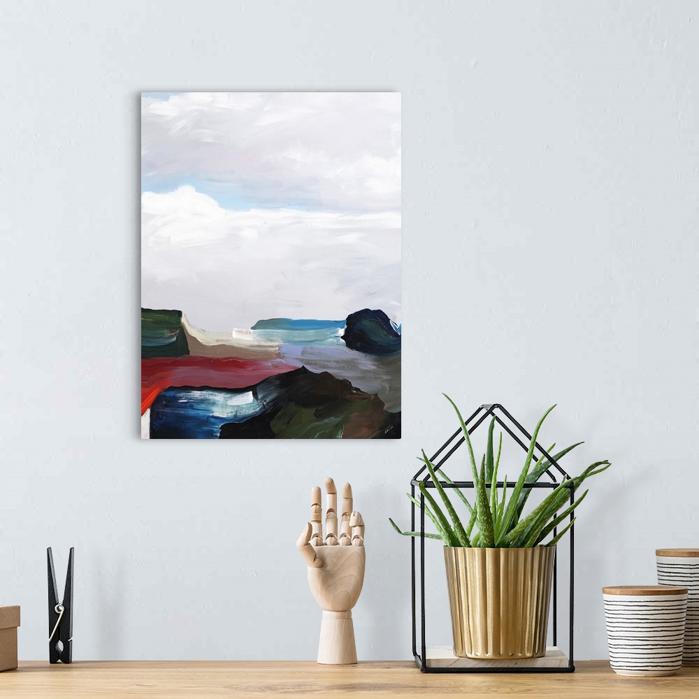 A bohemian room featuring Contemporary abstract painting with deep red and blue, with pale white above, resembling clouds o...
