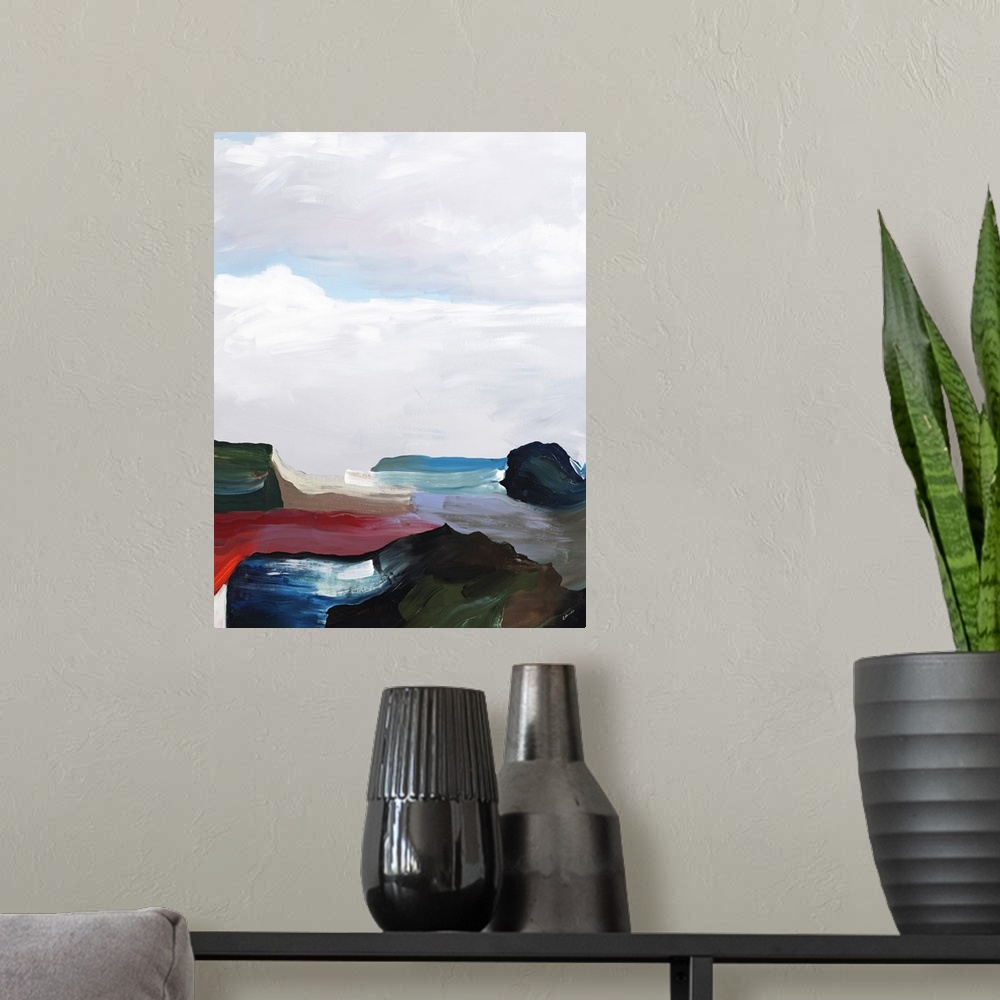 A modern room featuring Contemporary abstract painting with deep red and blue, with pale white above, resembling clouds o...
