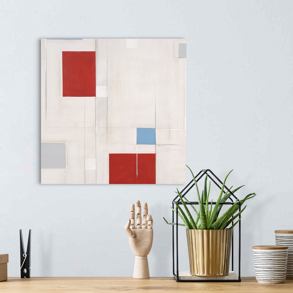 A bohemian room featuring Contemporary geometric artwork made of square shapes on white.