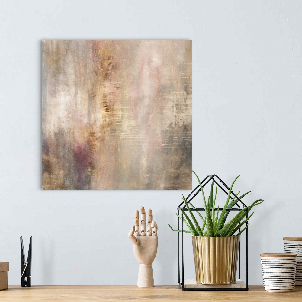 A bohemian room featuring Contemporary abstract painting in different shades of pale pink and brown.