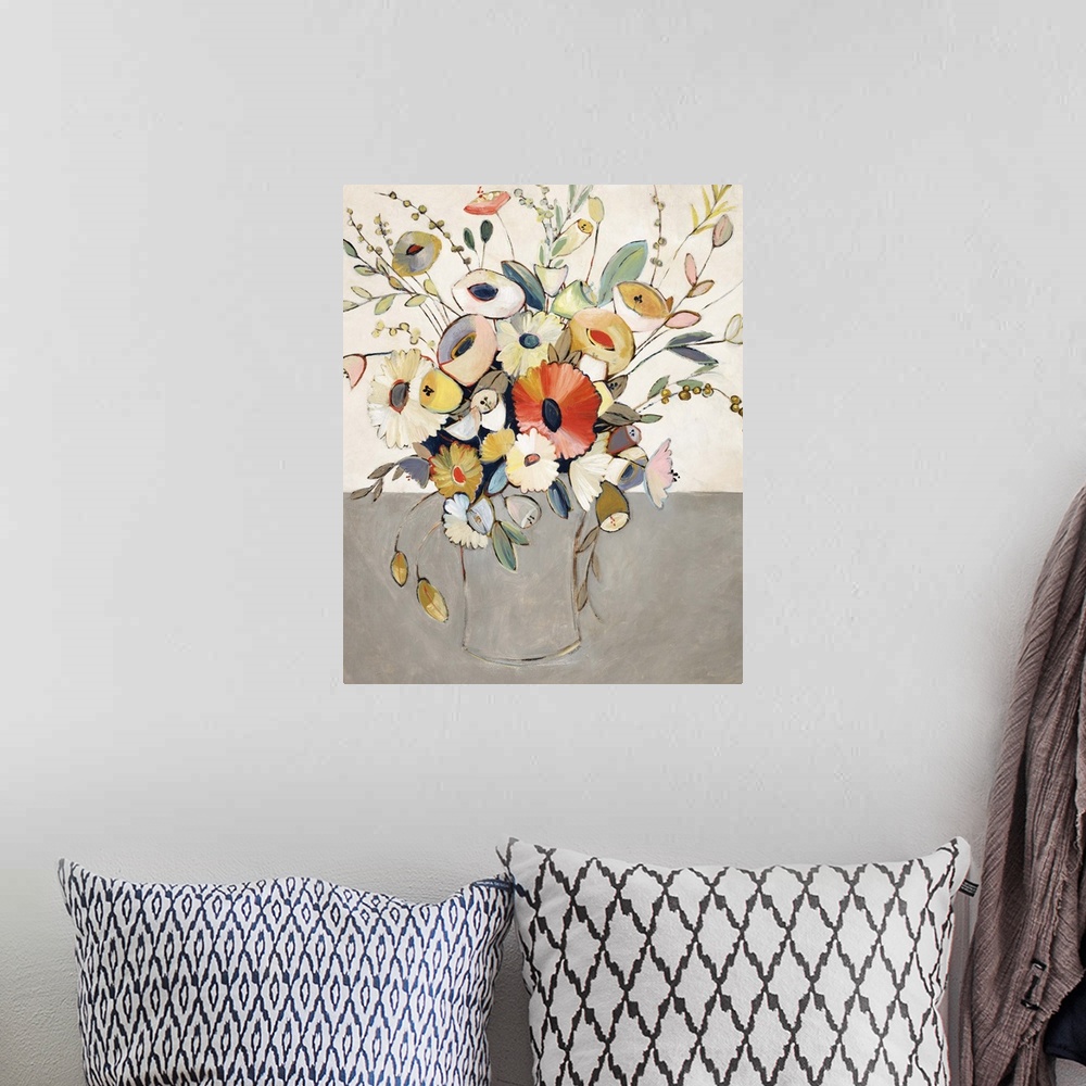 A bohemian room featuring A contemporary painting of a colorful bouquet of flowers.