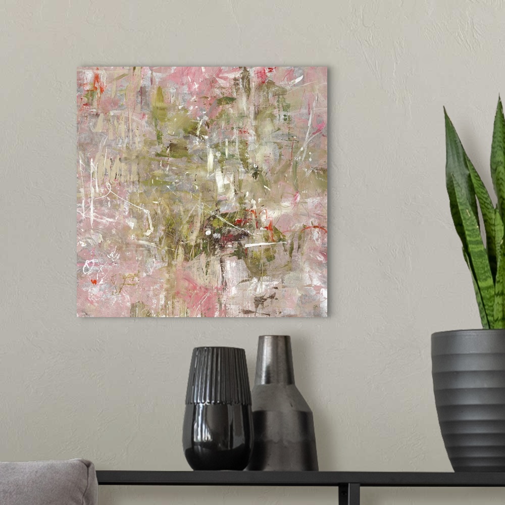 A modern room featuring Abstract painting of multicolored brushstrokes in various sizes and directions, that overlap and ...
