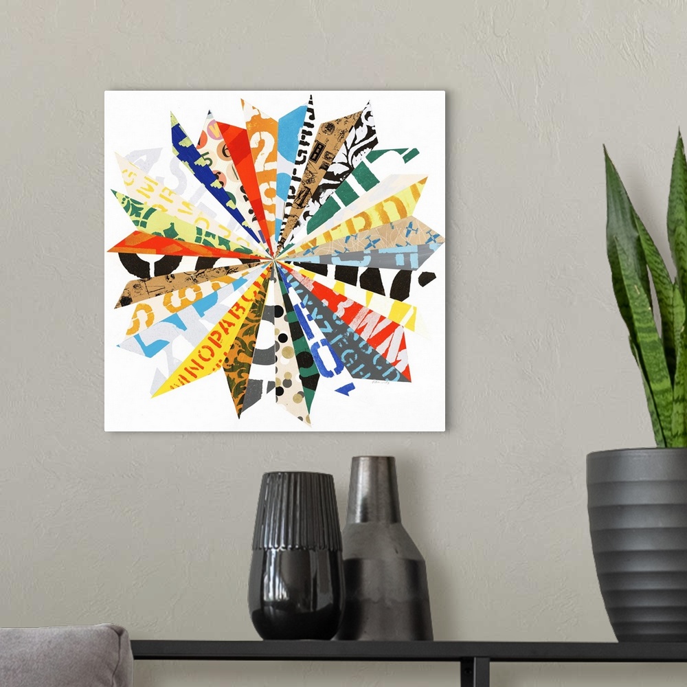 A modern room featuring Contemporary abstract painting of a flower made of different paper clippings.