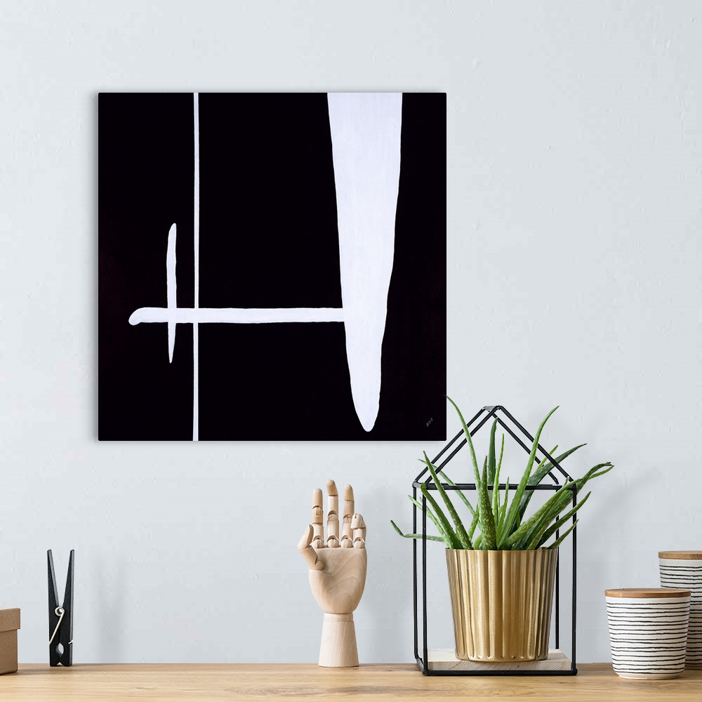 A bohemian room featuring Square abstract painting with a solid black background and one medium white, thick, horizontal li...