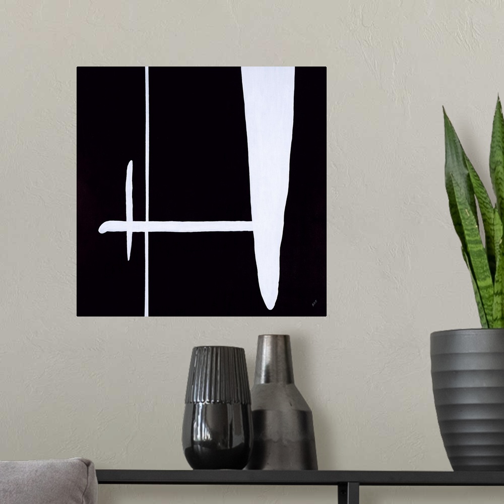 A modern room featuring Square abstract painting with a solid black background and one medium white, thick, horizontal li...