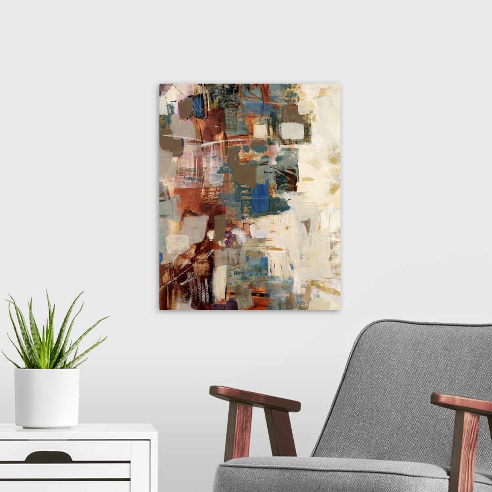A modern room featuring Abstract painting with bold colorful paint strokes covering one half of the piece and cream color...