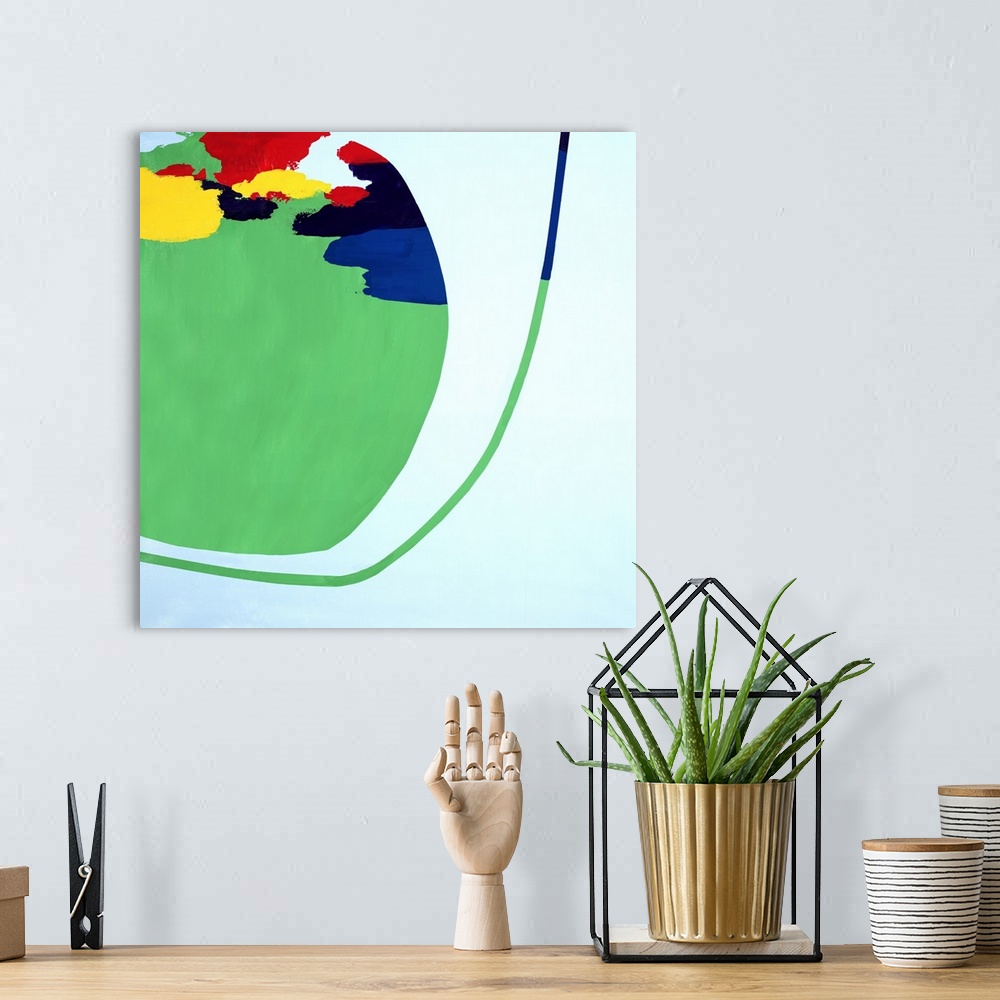 A bohemian room featuring Contemporary abstract painting in a retro mid-century style using mostly green with primary colors.
