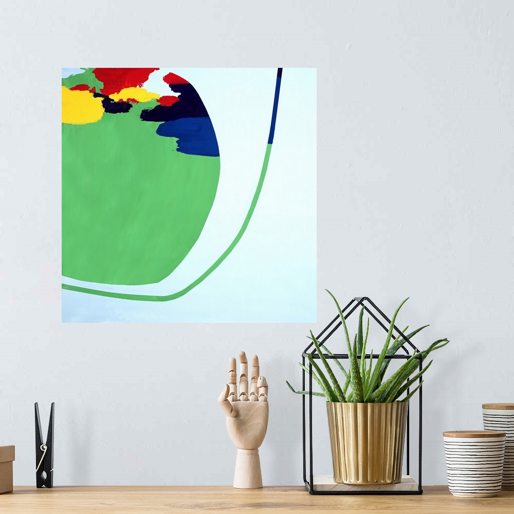 A bohemian room featuring Contemporary abstract painting in a retro mid-century style using mostly green with primary colors.