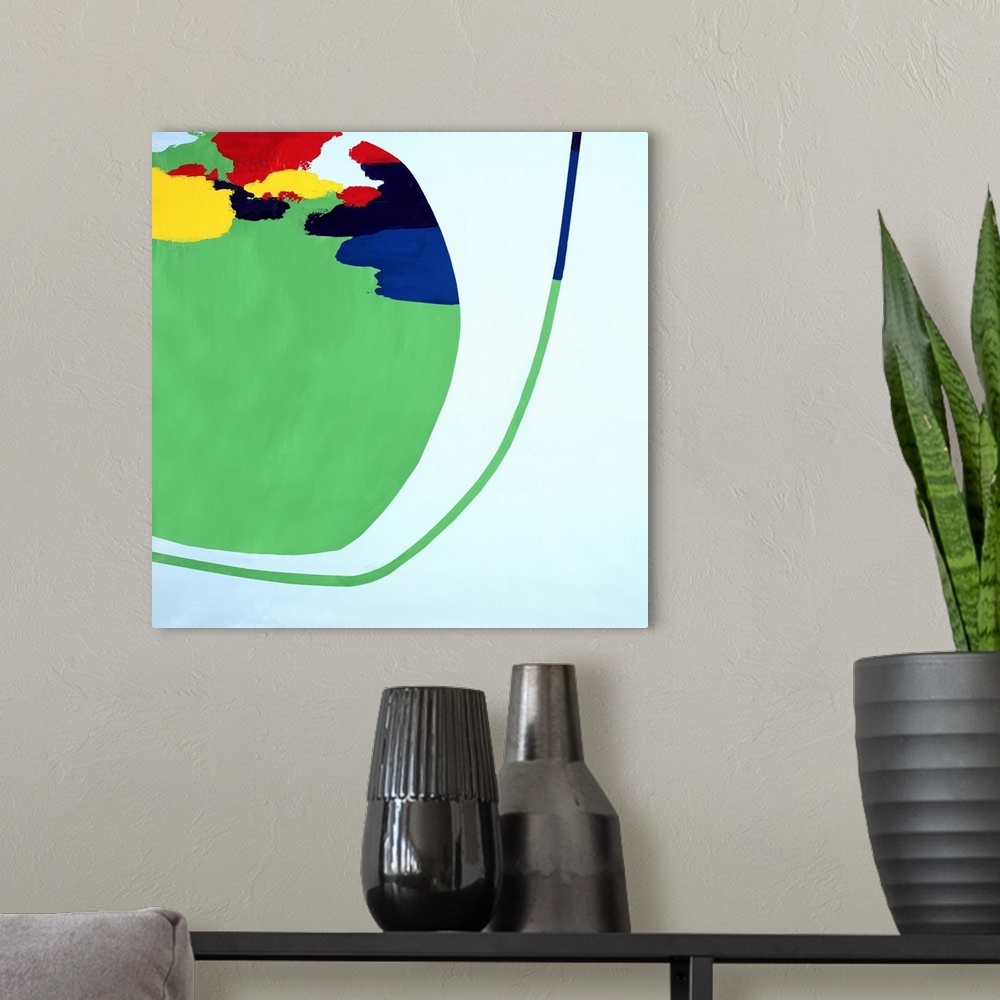 A modern room featuring Contemporary abstract painting in a retro mid-century style using mostly green with primary colors.