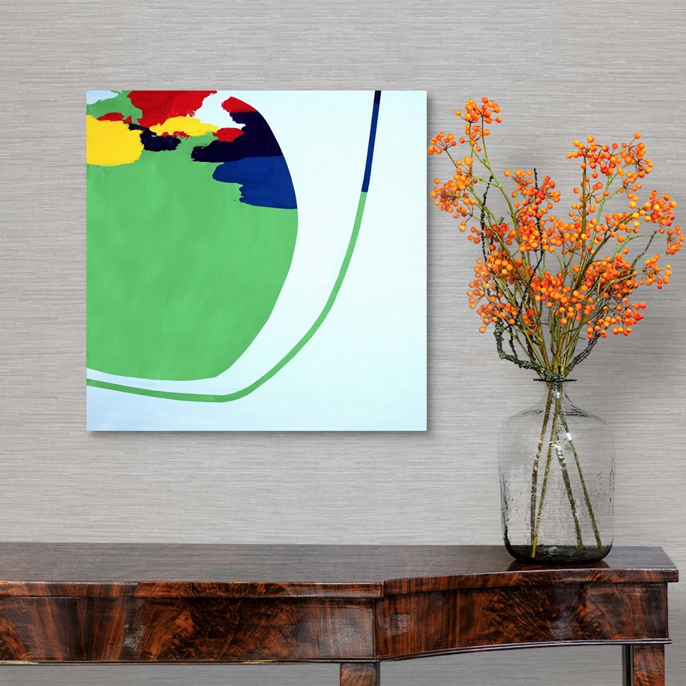 A traditional room featuring Contemporary abstract painting in a retro mid-century style using mostly green with primary colors.