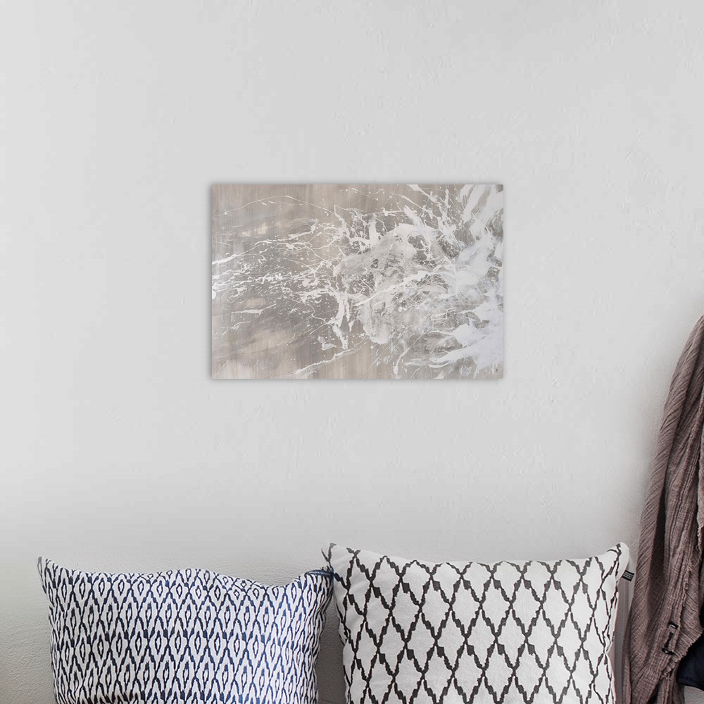 A bohemian room featuring Contemporary painting in pale grey splashes.