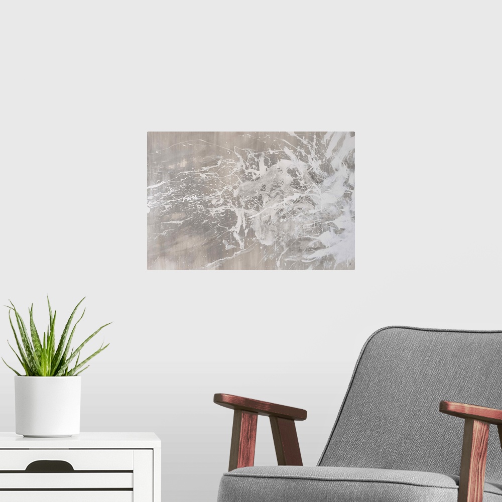 A modern room featuring Contemporary painting in pale grey splashes.