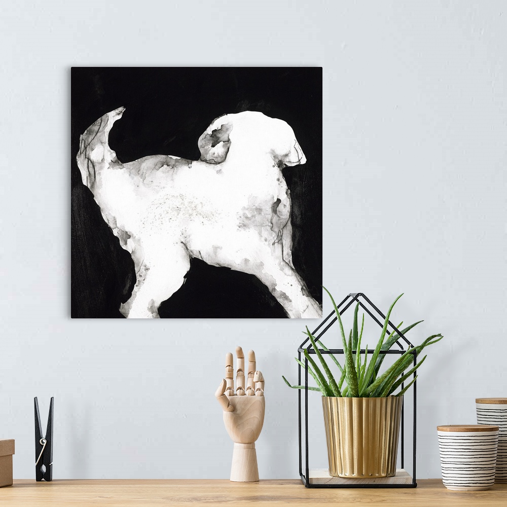 A bohemian room featuring White and gray silhouette of a puppy on a black, square background.