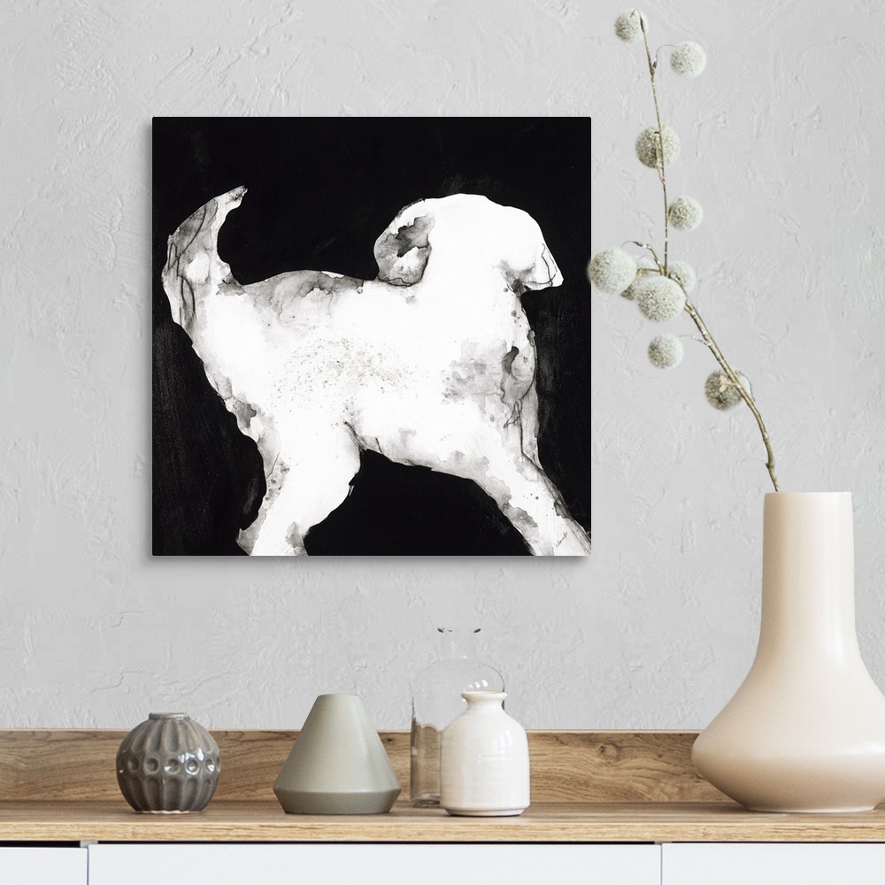 A farmhouse room featuring White and gray silhouette of a puppy on a black, square background.