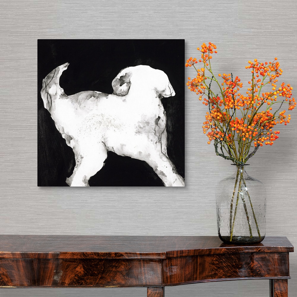 A traditional room featuring White and gray silhouette of a puppy on a black, square background.