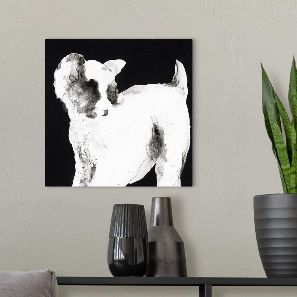 A modern room featuring White and gray silhouette of a puppy on a black, square background.