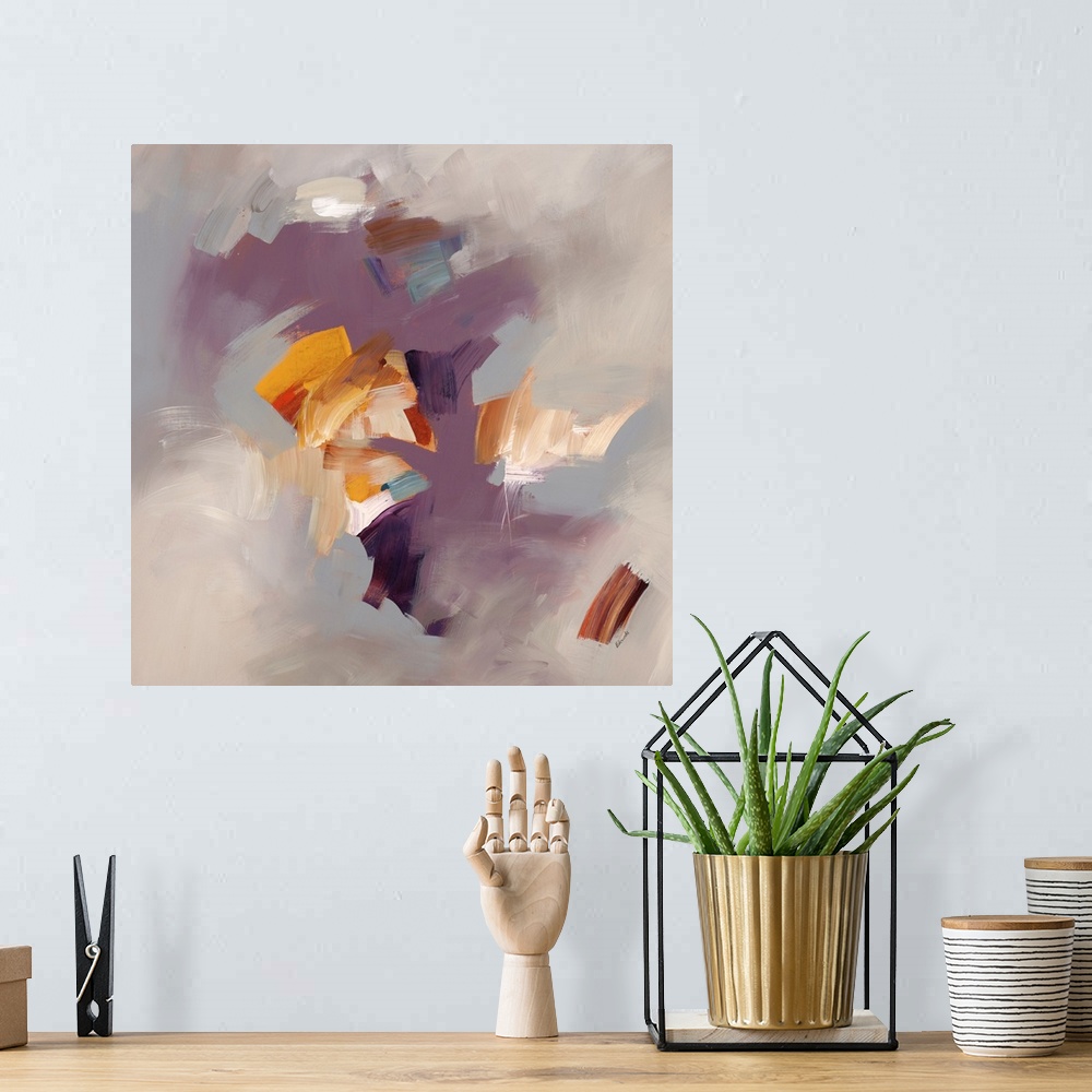 A bohemian room featuring Hazy abstract contemporary painting in purple and grey.