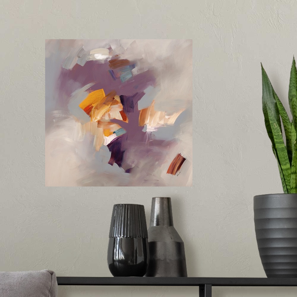 A modern room featuring Hazy abstract contemporary painting in purple and grey.