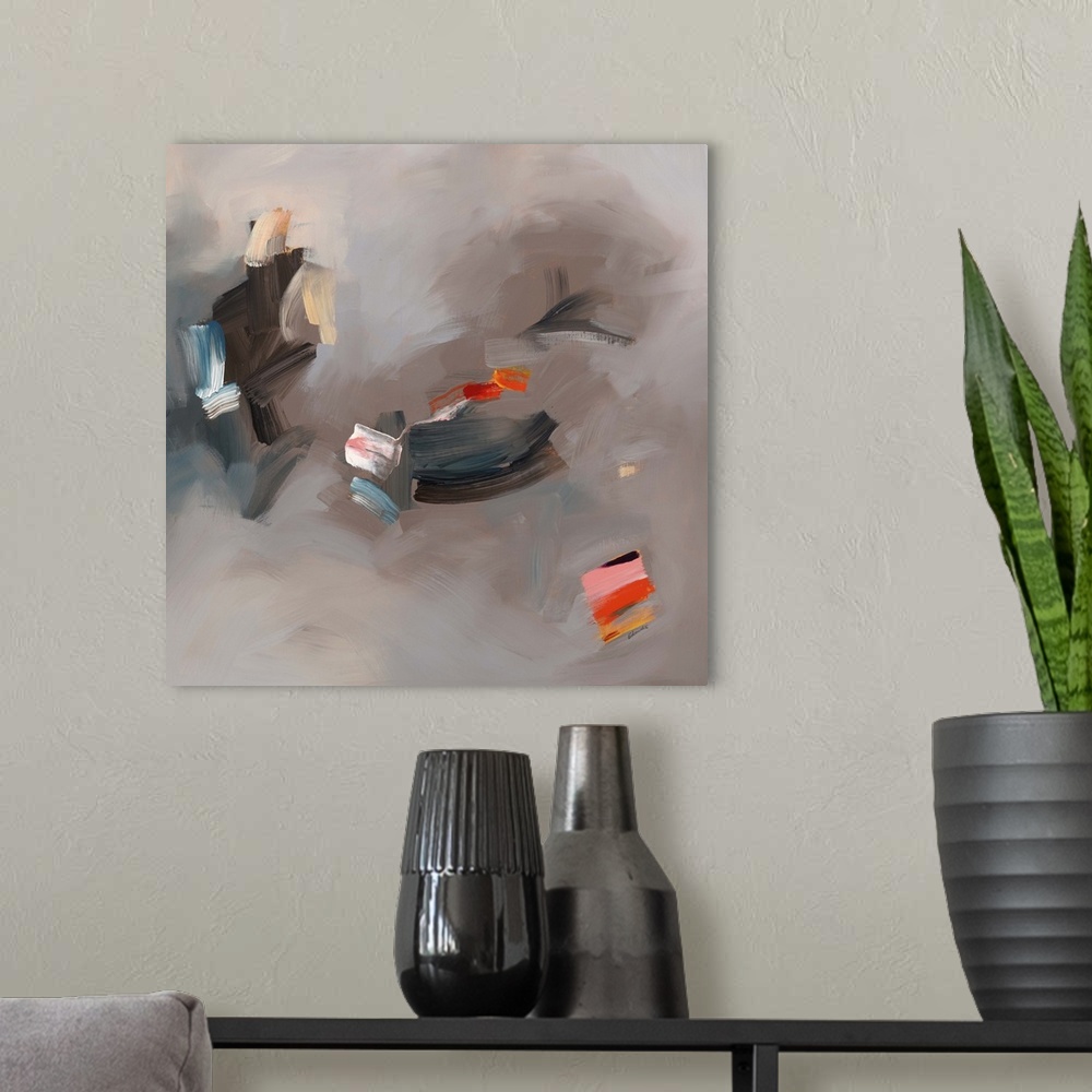 A modern room featuring Hazy abstract contemporary painting in black and grey.