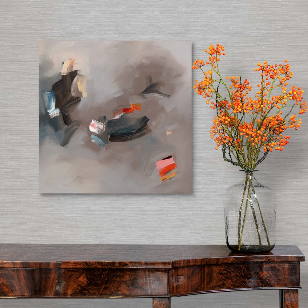 A traditional room featuring Hazy abstract contemporary painting in black and grey.