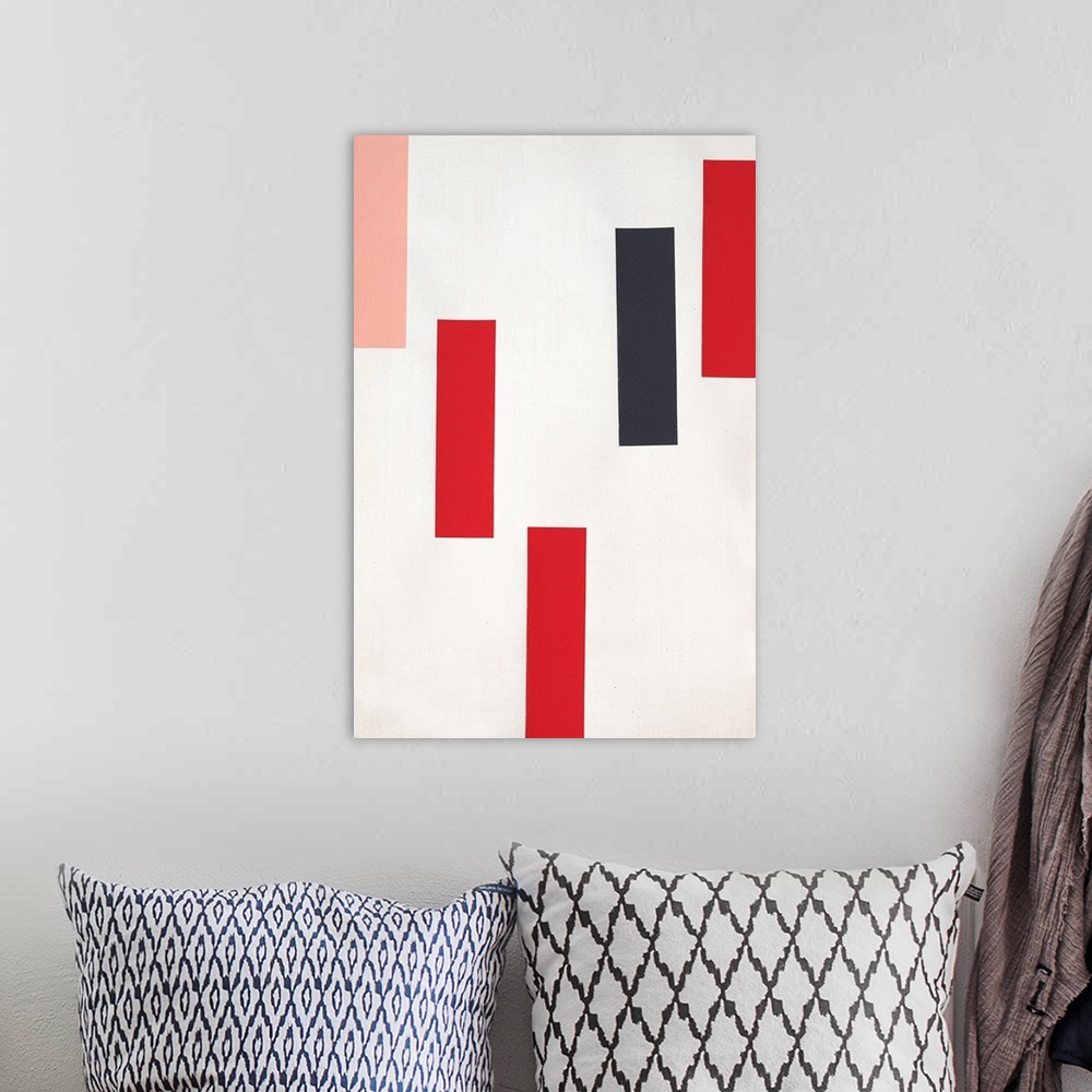 A bohemian room featuring Geometric abstract with pink, red, and black rectangles falling from the top towards the bottom o...