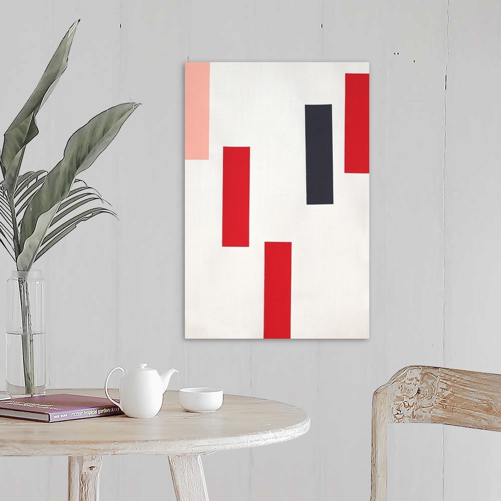 A farmhouse room featuring Geometric abstract with pink, red, and black rectangles falling from the top towards the bottom o...