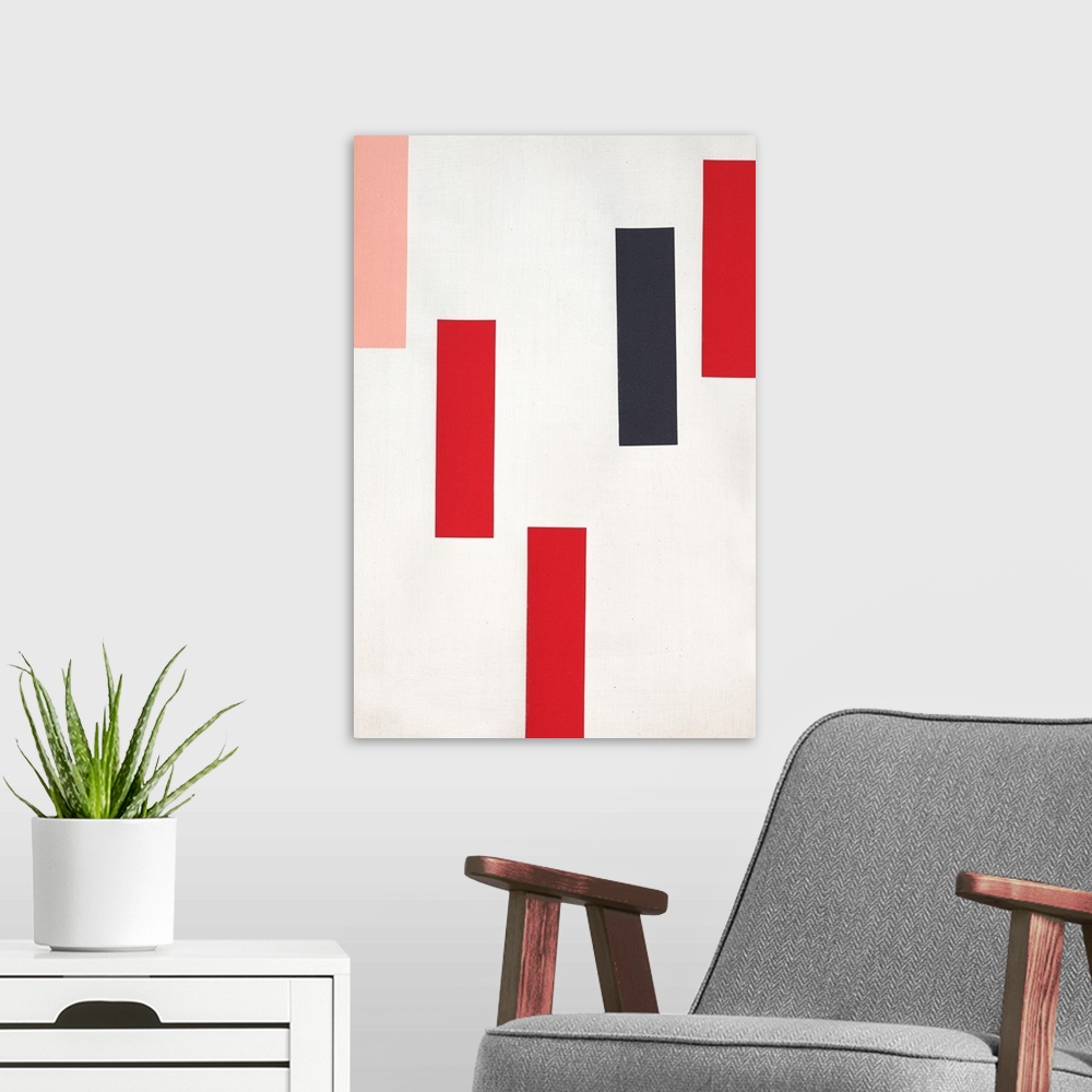 A modern room featuring Geometric abstract with pink, red, and black rectangles falling from the top towards the bottom o...