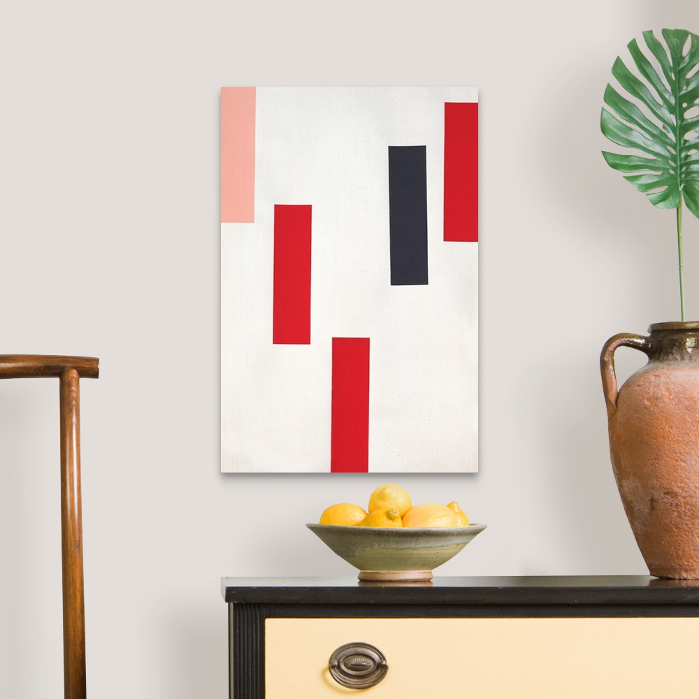 A traditional room featuring Geometric abstract with pink, red, and black rectangles falling from the top towards the bottom o...