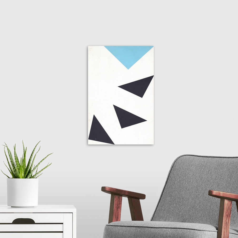 A modern room featuring Geometric abstract painting of blue and black triangles pointing down, following each other in a ...