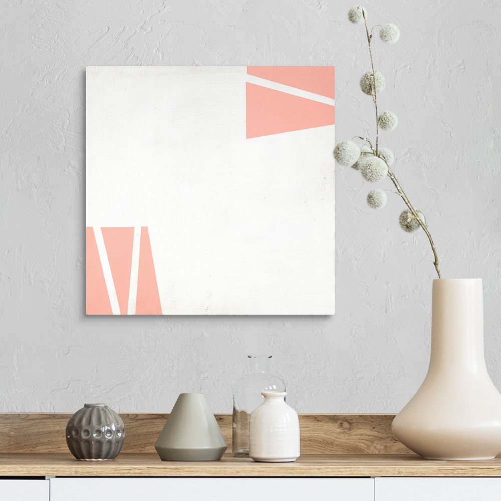 A farmhouse room featuring Square geometric abstract painting with pink quadrilaterals coming together to create a bigger sh...