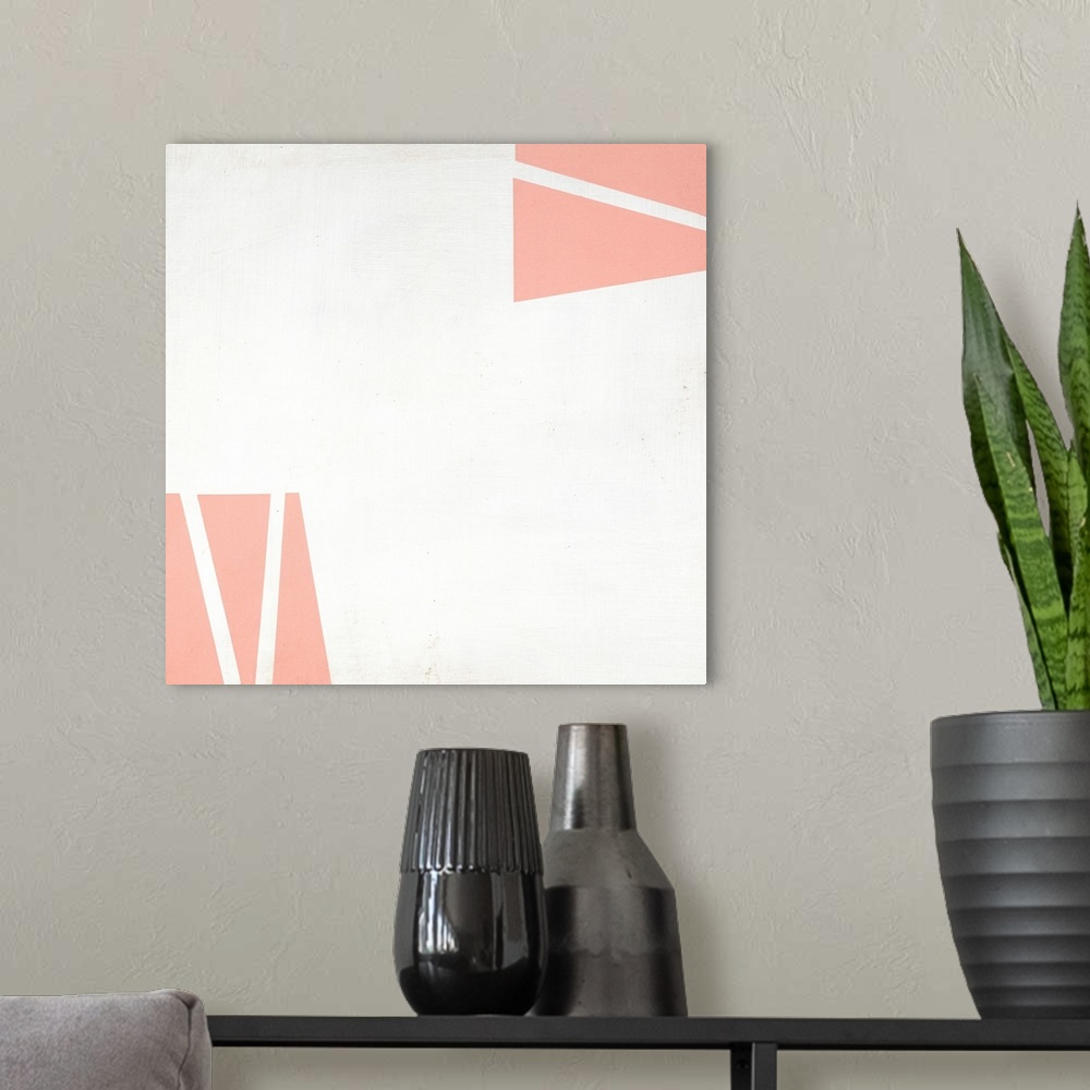 A modern room featuring Square geometric abstract painting with pink quadrilaterals coming together to create a bigger sh...