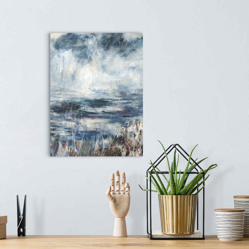 A bohemian room featuring Contemporary abstract painting of a  cool toned pond landscape.