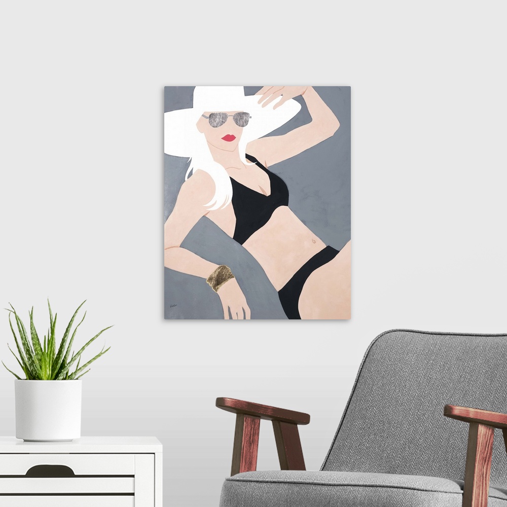 A modern room featuring Contemporary figurative painting of a blonde haired woman wearing a white hat and black bikini.