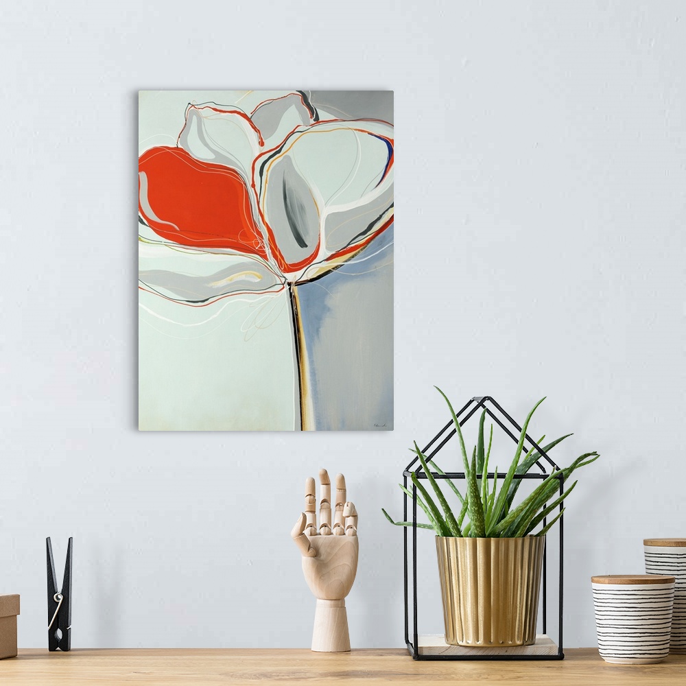 A bohemian room featuring Retro artwork of a drawn flower with one petal that is orange and the other petals mostly white a...