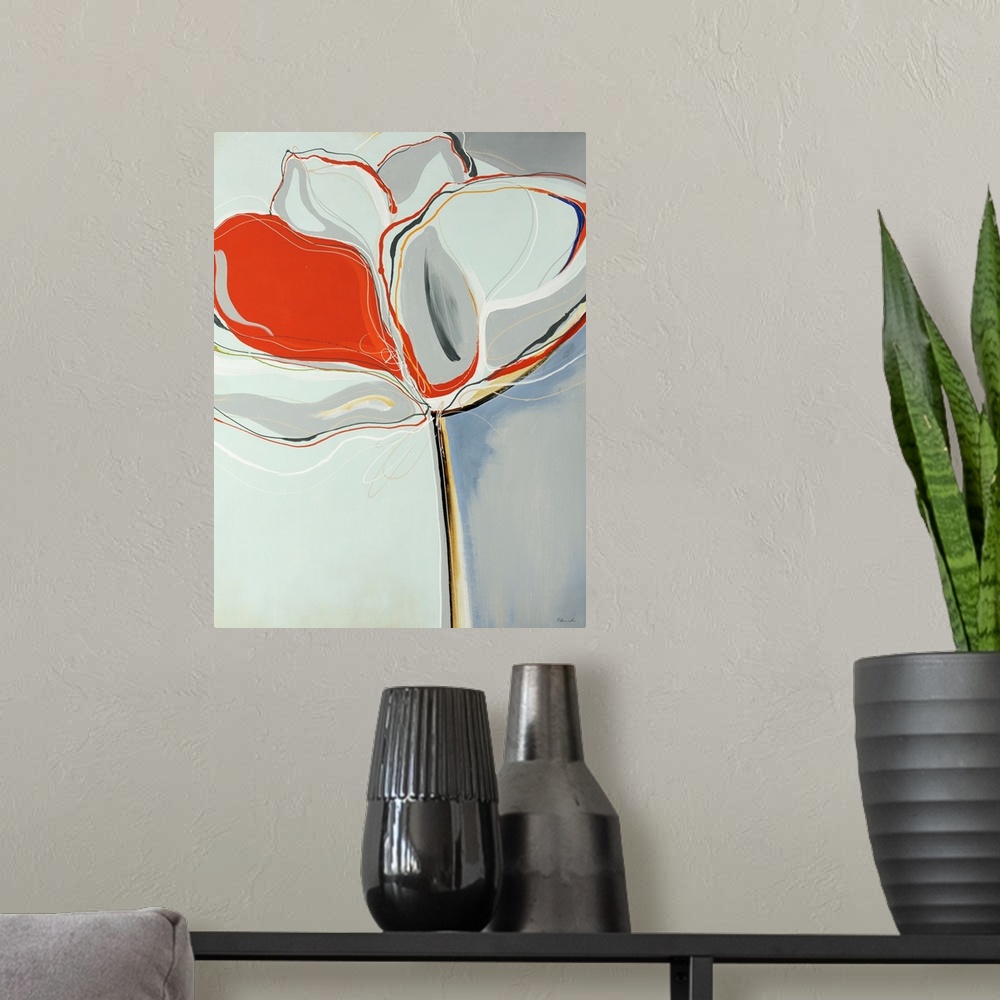 A modern room featuring Retro artwork of a drawn flower with one petal that is orange and the other petals mostly white a...