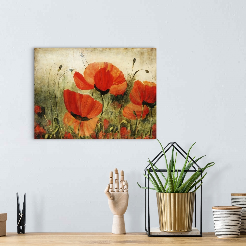 A bohemian room featuring Contemporary artwork of delicate painted poppy flowers against a rustic background.